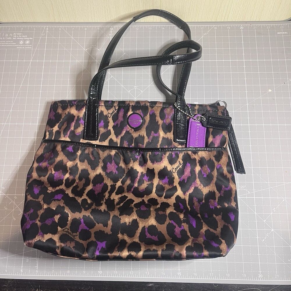 Coach Signature Ocelot Leopard Print Tote F25282 – Black/Purple/Brown Sateen - Picture 6 of 9